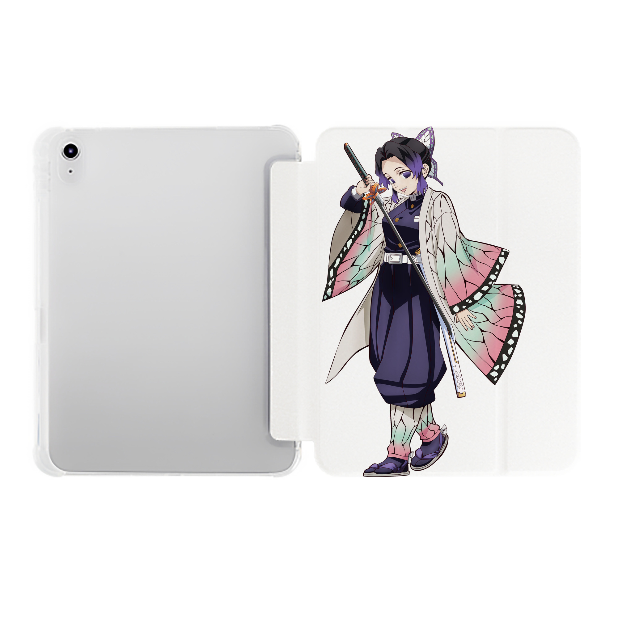 （画像用） 鬼滅の刃（きめつのやいば）蟲柱-胡蝶 しのぶ／こちょう しのぶ Kochou Shinobu IPad ケース ペン収納付き 三つ折りスタンド PUレザー×シリコン 対応機種9.5/10.5/10.9インチ